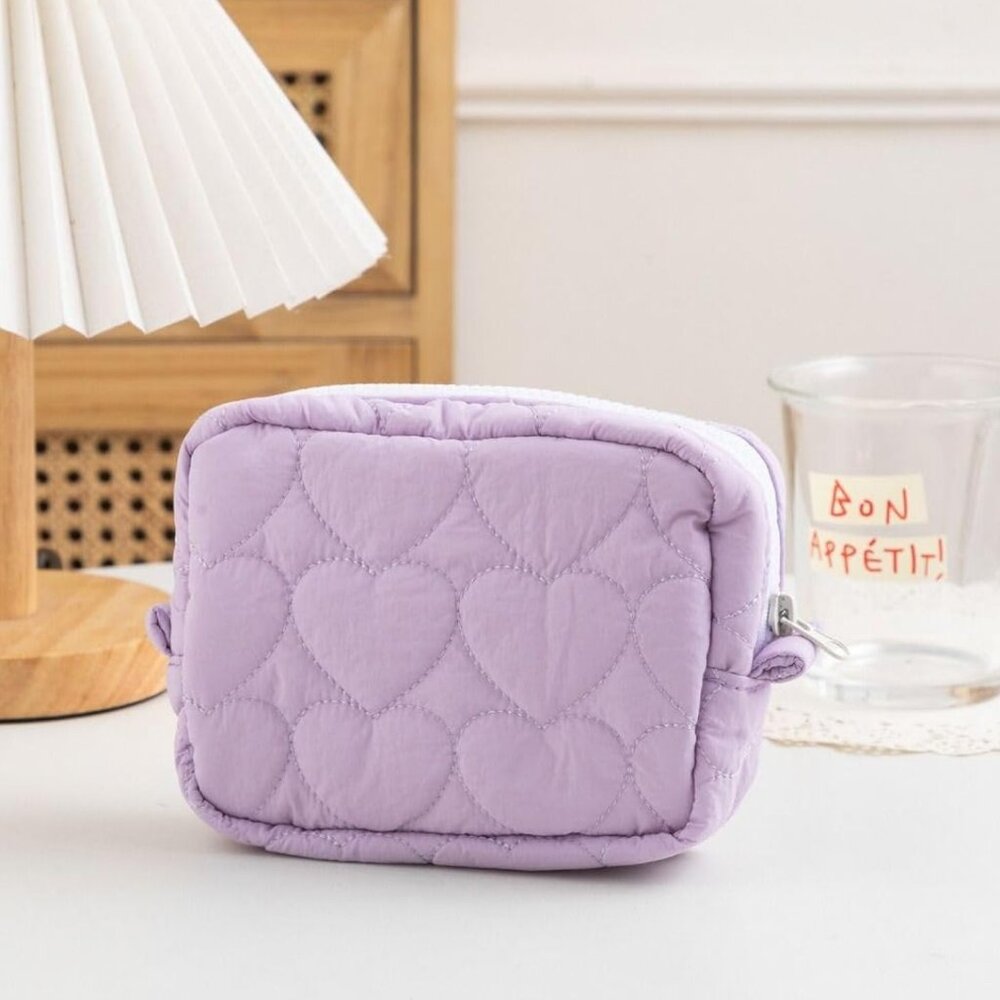 Heart Pattern Quilted Makeup Bag\Travel Toiletry Bag - Lavender